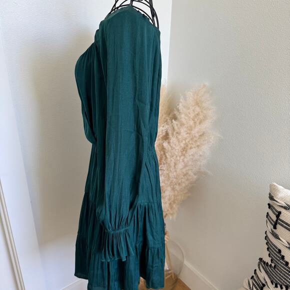 Boutique Forest Green Satin Long Ruffle Sleeve Tiered V- Neck Mini Dress - Picture 2 of 8